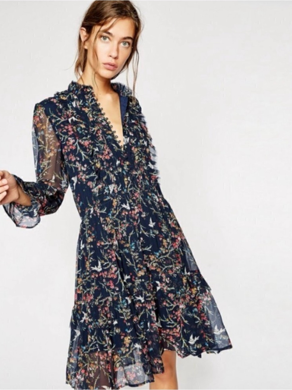 The Kooples Navy Floral Ruffle Long Sleeve Dress size 1 (small)